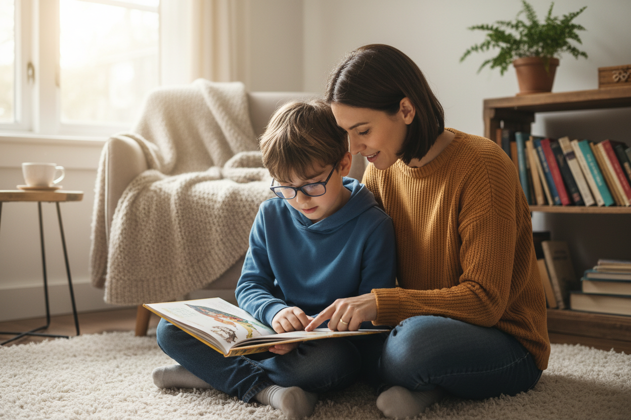 Mère et enfant lisant ensemble un livre, soutenant la lecture pour dyslexiques avec Lampe Lili et Ecran Lili.